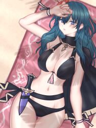 alternate_costume black_bikini black_swimsuit blue_eyes breasts byleth_(female)_(summer)_(fire_emblem) byleth_(fire_emblem) byleth_(fire_emblem)_(female) female female_only fire_emblem fire_emblem:_three_houses fire_emblem_heroes nintendo official_alternate_costume solo swimsuit teal_hair u_yu_mu