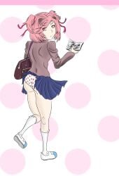 1female 1girls :t ass blue_skirt butt clothes clothing doki_doki_literature_club hair_intakes holding holding_manga holding_object knee_socks kneehighs kneesocks manga manga_(object) natsuki_(doki_doki_literature_club) object panties pink_eyes pink_hair pout print_panties school_uniform schoolgirl shoes short_hair skirt skirt_lift small_breasts socks socks_and_shoes strawberry_print teock2d uwabaki white_socks