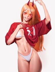 1girls chainsaw_man cleavage grin horns long_hair looking_at_viewer navel orange_hair pose power_(chainsaw_man) red_eyes shirt_lift solo underwear white_background wonbin_lee