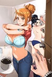 1boy 2girls absurdres ass bathroom black_hair breasts coffee coffee_mug cup doorknob female highres holding jeans jerrydurd large_breasts looking_at_viewer male mug multiple_girls nami_(one_piece) nico_robin one_piece opening_door orange_hair panties plate post-timeskip pov surprised topless tying_hair underwear undressing unseen_male_face updo vinsmoke_sanji walked_in_on