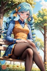 1girls ace_trainer_(pokemon) ace_trainer_(pokemon_bw) ai_generated artsbuyu bangs bench black_legwear blue_dress blue_eyes blue_hair blush crossed_legs dress drill_hair from_below hair_between_eyes hair_ornament hair_ribbon hand_on_knee hands_on_knees hi_res highres legwear long_hair looking_at_viewer looking_down medium_breasts msmile orange_vest pantyhose park pokemon pokemon_bw sitting smile stable_diffusion vest