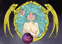 1girls :d aqua_eyes aqua_pupils blue_hair blush breasts collarbone completely_nude dropping eyelashes feena_(ys) female hair_intakes hair_spread_out highres large_breasts light_blue_hair long_hair looking_down motion_lines muramasa_mikado nose_blush nude open_mouth pink_lips smile solo speech_bubble title_screen very_long_hair ys