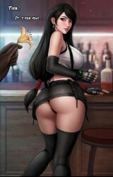 1boy 1girls alcohol aroma_sensei ass big_ass big_breasts black_hair blush brown_eyes english_text female_focus final_fantasy final_fantasy_vii flower gloves holding_object long_hair looking_back miniskirt panties skirt standing tank_top thighhighs thong tifa_lockhart upskirt