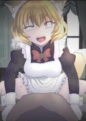 1boy 1girls ahe_gao ahegao animal_ear_fluff animal_ears animal_humanoid animated apron assertive assertive_female athletic_female audible_creampie audible_ejaculation black_dress blonde_hair blush bouncing_breasts bow bowtie breasts brooch clothed_sex commentary_request covered_penetration cowgirl_position crazy_eyes cum cum_in_pussy curtains cute_fang dress dresser ejaculation eyebrows_visible_through_hair fang fangs fast_thrusts female femdom fox_ears fox_girl fox_tail frilled_apron frills gloves highres horny horny_female human human_penetrating indoors kitsune large_breasts light-skinned_female light-skinned_male light_skin long_sleeves looking_at_viewer maid maid_headdress maid_uniform male_pov medium_breasts nipple_bulge open_mouth orgasm original pale-skinned_female pink_eyes pleasure_face pov rape red_bow red_bowtie reverse_rape riding_penis rough_sex sakitsune samon_shiu see-through see-through_silhouette sex shorter_than_30_seconds sound spread_legs squatting_cowgirl_position steam steaming_body steamy_breath straddling straight sweat tail video white_apron window yandere