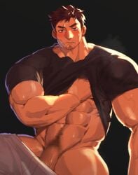 1boy absurdres bandaid bandaid_on_cheek bandaid_on_face bara breath brown_hair clothes_pull feet_out_of_frame forearms grey_pants half-erect hand_under_clothes highres light_frown looking_at_viewer male_focus mature_male muscular muscular_male mustache_stubble navel navel_hair original pants pants_pull penis penis_peek shirt short_hair solo stomach strongman_waist t-shirt thick_eyebrows thick_thighs thighs ttn_(239_239) undressing veins veiny_arms veiny_penis