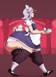 1girls ass_bigger_than_head ass_shelf big_ass big_butt blush bottom_heavy female female_only grey_hair huge_ass huge_breasts huge_butt hyper_ass maid maid_uniform object_on_ass sakuya_izayoi shelf_booty solo solo_female thick_thighs thunder_thighs touhou veryfilthything