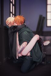 2boys against_wall anal anal_sex arms_around_shoulders billy_the_kid billy_the_kid_(fate) blonde_hair blush cloak fate/grand_order fate_(series) fully_clothed_male gay half-dressed kissing legs_around_partner pants_down red_hair robin_hood_(fate) unbuttoned_shirt yaoi