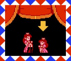 2girls 8-bit chibi clothing dress dress_lift female female_only full_body gameplay_mechanics height_difference mario_(series) multiple_girls nes nopan pixel_art princess_peach red_hair saiwai_hiroshi standing super_mario_bros._2 vagina