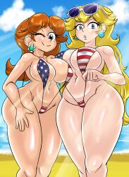 2girls american_flag_bikini beach beach_background big_breasts blonde_hair blue_eyes breasts brown_hair cleavage ear_piercing earrings erect_nipples faramound female female_only hair headwear huge_breasts long_hair mario_(series) navel nintendo one_eye_closed princess_daisy princess_peach sand skimpy skimpy_bikini sling_bikini smile sunglasses sunglasses_on_head thick_thighs thighs wide_hips wink