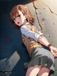 ai_generated brown_eyes brown_hair kidnapped misaka_mikoto on_the_floor on_the_ground open_mouth panties rape school_uniform tied_up to_aru_kagaku_no_railgun