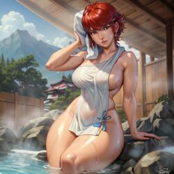 1girls ai_generated bathing big_breasts effectively_nude female female_only fire_emblem fire_emblem_fates hinoka_(fire_emblem) large_breasts naked_towel nintendo onsen outdoors red_hair solo solo_female thick_thighs towel wide_hips