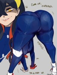 1girls ass ass_focus ass_up bending_over bent_over butt_focus cameltoe carmine_(pokemon) clue_(artist) fat_ass panties panties_visible_through_clothing pantylines pokemon pokemon_sv pussy_lips pussy_visible_through_clothes stretching track_jacket track_pants track_suit two_tone_hair wedgie