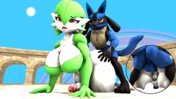 1boy 1futa 3d 3d_(artwork) anal anal_sex anthro anthro_on_anthro balls breasts futa_gardevoir futanari gardevoir intersex intersex/male lucario male male_on_futa male_penetrating nackey orgasm penetration penis pokemon pokemon_(species) source_filmmaker