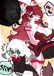 1boy 1girls 2023 ball_fondling big_breasts blue_eyes blush canid canine flower_in_hair fox furry hair_over_one_eye hare lagomorph long_hair magician magician_hat mammal mole_under_eye perfume_(snow_angelna) pink_fur red_bowtie red_eyes red_hair scut_tail snow_angel_(artist) twitter_username white_fur