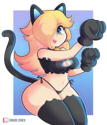 2d alternate_costume artist_name bangs blonde_hair blue_eyes breasts cat_bell cat_costume cat_ears cat_keyhole_bra cat_paws cat_tail eyebrows_visible_through_hair female female_only hair_over_one_eye heart human light-skinned_female light_skin lingerie looking_at_viewer mario_(series) navel nintendo not_furry nya_pose onigiri_punch pale-skinned_female pale_skin paw_gloves paws princess_rosalina side_tie_panties simple_background solo tail thick_thighs thighhighs watermark