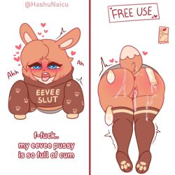 <3_eyes 1:1 absurd_res after_sex ahe_gao anthro anus ass big_butt blue_eyes blush blush_lines bodily_fluids bottomless brown_body brown_clothing brown_fur brown_hoodie brown_legwear brown_thigh_highs brown_topwear chest_tuft clothed clothing condom cum cum_in_pussy cum_inside cum_on_butt dialogue dipstick_tail eevee eyelashes female filled_condom front_view fur generation_1_pokemon genital_fluids genitals hashu heart hi_res hoodie leaking_cum legwear long_sleeves looking_pleasured markings nintendo open_mouth pokemon pokemon_(species) pussy rear_view sexual_barrier_device shaking simple_background solo stuck tail tail_markings talking_to_viewer text thick_thighs thigh_highs through_wall tongue tongue_out topwear trembling tuft white_background white_body white_fur wide_hips