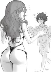 1boy 1girls ada_mesmer ass big_ass bra emil_(identity_v) eyes_closed from_behind greyscale hahi_hos hair heart holding_clothing identity_v lingerie long_hair looking_at_another panties short_hair shorts smile thighs walking