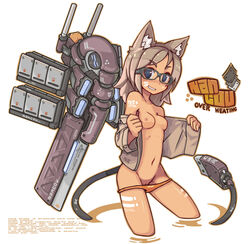 animal_ears blue_eyes breasts brown_hair cat_ears color eyewear female female_only glasses hair kemonomimi looking_at_viewer nancou_(nankou) nipples original panties panty_pull solo tan_skin underwear usb vulva