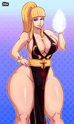 1girls 5tarex bimbo blonde_hair blue_eyes breasts busty chun-li_(cosplay) cleavage cosplay hourglass_figure kolin no_bra no_panties ponytail smile spiked_bracelet street_fighter street_fighter_v thick_legs thick_thighs thunder_thighs voluptuous