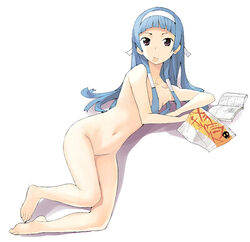 1girls barefoot blue_hair book chips eating feet female female_only food hairband initial-g kannagi long_hair lying nagi navel nude nude_filter oppai pettanko photoshop purple_eyes solo toes