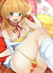 blonde_hair blush bra bra_pull bracelet breasts censored cute_fang female green_eyes idolmaster idolmaster_cinderella_girls jewelry jougasaki_rika long_hair loose_socks lying nipples on_back open_clothes open_mouth open_shirt panties panty_pull pussy shirt small_breasts smile socks solo sweat tied_hair twintails two_side_up underwear wakamesan white_socks wide_eyed yellow_bra yellow_panties