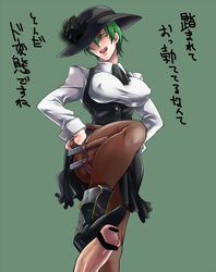 balisong blazblue bootjob boots brown_legwear censored erect_nipples female femdom footjob green_hair hands_on_hips hat hat_over_one_eye hazama kaneaki_mukku knife licking_lips pantyhose penis rule_63 side_slit simple_background solo stepped_on taut_shirt text thigh_strap tight_clothes translation_request weapon wrist_cuffs yellow_eyes