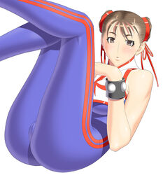 ass blush bodysuit brown_eyes brown_hair cameltoe chun-li double_vertical_stripe jumpsuit kansuke legs_up short_hair street_fighter street_fighter_alpha street_fighter_alpha_2 street_fighter_alpha_3 unitard