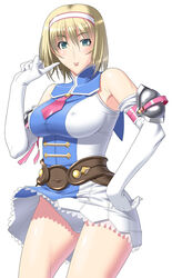 :p armor armored_dress belt blonde_hair blush cassandra_alexandra elbow_gloves female female_only gloves green_eyes hairband human kansuke panties short_hair solo soul_calibur tongue underwear white_background white_panties wind_lift