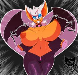 abs alternate_hairstyle anthro batartcave bouncing_breasts breasts bursting_breasts choker clenched_teeth collar female female_only flashing grin huge_breasts motion_lines muscular_female navel navel_piercing nipples rouge_the_bat solo sonic_(series) toned undressing