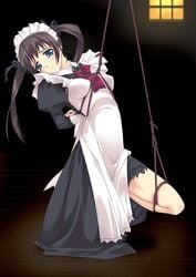 1girls arms_behind_back arms_bound arms_bound_behind_back black_hair_ribbon black_ribbon blue_eyes bondage brown_hair f-ism female female_focus female_human female_only highres human human_female human_focus human_only maid murakami_suigun original predicament_bondage red_ribbon ribbon ribbons rope solo solo_female solo_focus tied_hair twintails