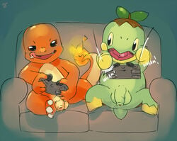 argon_vile bald balls brown_eyes charmander controller fire flaccid lizard male male_only nintendo nude penis pokémon_(species) pokemon reptile scalie sofa tail tail_fire teeth tongue turtle turtwig video_games yellow_eyes