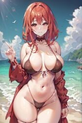 ai_generated beach bikini blush choker fickjay925 jacket kanojo_okarishimasu large_breasts looking_at_viewer red_eyes red_hair sakurasawa_sumi smile wide_hips