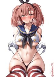 1girls atlanta_(kantai_collection) bangs black_hairband black_neckerchief black_panties blue_sailor_collar blush breasts brown_hair closed_mouth collarbone cosplay crop_top earrings ebifurya elbow_gloves gloves grey_eyes hair_between_eyes hairband highleg highleg_panties horny jewelry kantai_collection large_breasts lifted_by_self long_hair looking_at_viewer navel neckerchief panties pulling_panties sailor_collar serafuku shimakaze_(kantai_collection) shimakaze_(kantai_collection)_(cosplay) simple_background sitting solo star_(symbol) star_earrings striped striped_thighhighs sweat thighhighs thong thong_pull twitter_username two_side_up underboob underwear white_background white_gloves