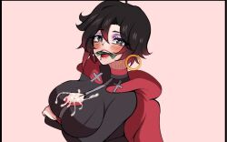 1girls aged_up black_hair cum female female_only human hyperrxgue looking_at_viewer prostitution ruby_rose rwby short_hair solo tagme