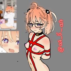 1girls art_is_art blush collar collarbone embarassed female glasses hair_ornament navel nude nude_female reference_image rinrinne small_breasts tagme tied_hair virtual_youtuber