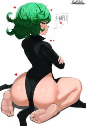 1girls alternate_version_available anger_vein arms_crossed ass ass_focus barefoot big_ass black_dress blush dat_ass dress english english_text feet female female_only green_eyes green_hair heart huge_ass large_ass one-punch_man pelvic_curtain pout pouting short_hair sol-sama_d2 solo solo_female speech_bubble tatsumaki text thighs wariza white_background