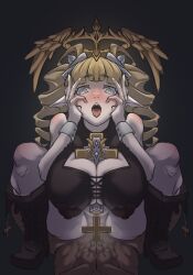 ahe_gao big_breasts blonde_hair blue_eyes cleavage cross dark-skinned_male dark_skin drill_hair elf elf_ears elf_female female femdom halo holding_cross huge_breasts interracial large_breasts male open_mouth pointy_ears pov pussy sex tongue_out vaginal_penetration vaginal_sex