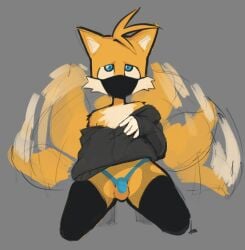 2023 anthro balls blue_eyes canid canine clothed clothing cute face_mask femboy fox fur genitals girly hatsumiilkshake kneeling male mammal miles_prower multicolored_body multicolored_fur sega simple_background solo sonic_(series) sonic_the_hedgehog_(series) tails tailwag tan_body tan_fur twink two_tone_body two_tone_fur yellow_body yellow_fur