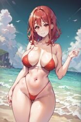 ai_generated beach bikini blush fickjay925 kanojo_okarishimasu large_breasts looking_at_viewer red_eyes red_hair sakurasawa_sumi smile wide_hips