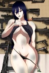 airsoft airsoft_gun akinama_family_(noir-black-shooter) big_breasts dark_blue_hair female gun huge_breasts naoki_akinama_(noir-black-shooter) noir-black-shooter oc original original_character purple_eyes topless