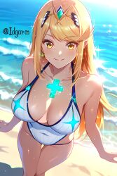 absurd_res ai_generated beach blonde_hair core_crystal hair_ornament highres idgaroo long_hair looking_at_viewer looking_up mythra smile stable_diffusion swimsuit xenoblade_(series) xenoblade_chronicles_2 yellow_eyes