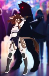 absurd_res anthro boots bovid bovine brown_body brown_hair cattle clothing footwear freckles garter_straps girly gloves gun hair handwear hi_res horn horns latex male mammal markings pink_eyes ranged_weapon rubber shudayuda solo spots spotted_markings suit weapon