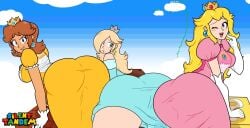 3girls ass ass_focus big_ass big_breasts big_butt blonde_hair blue_eyes bottom_heavy brown_hair dat_ass female female_focus female_only large_ass large_breasts mario_(series) nintendo outdoors princess_daisy princess_peach princess_rosalina silenttandem super_mario_bros.