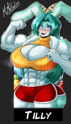 1girls abs anthro biceps big_breasts blush boob_window borrowed_character breasts cleavage clothing crop_top female female_only flexing flexing_bicep green_hair hair_bow lagomorph looking_at_viewer mrmelted muscular muscular_female original rabbit shorts solo sweat thick_thighs thunder_thighs tilly_(flufffluff84) towel wide_hips