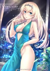 alternate_costume aqua_dress aqua_eyes bare_arms bare_shoulders blonde_hair blonde_hair blue_eyes blush breasts city city_background cityscape collarbone content_rating cover cover_page cowboy_shot cutout_above_navel detailed_background doujin doujin_cover doujinshi dress earrings embarrassed female female_focus gem hair_between_eyes hand_on_stomach indoors jewelry kantai_collection large_breasts long_hair necklace no_panties no_underwear open_mouth ryu-akt sleeveless sleeveless_dress solo solo_female solo_focus tiara victorious_(kantai_collection) window