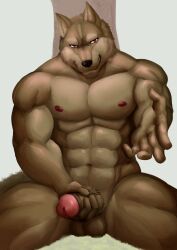 abs anthro balls biceps canid canine canis deltoids domestic_dog fenrirwolfen foreskin fur genitals hand_on_penis hi_res humanoid_genitalia humanoid_hands humanoid_penis male mammal masturbation muscular muscular_anthro muscular_male navel nipples nude pecs penis red_eyes solo solo_focus