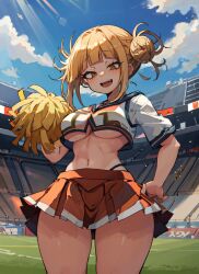 1girls ai_generated big_breasts blonde_hair cheerleader cheerleader_uniform from_below hair_bun hi_res himiko_toga large_breasts mabi_ai midriff miniskirt my_hero_academia navel pom_poms short_hair thick_thighs toga_himiko underboob wide_hips yellow_eyes