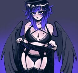 1girls angel_wings black_lingerie dark_halo eyebrows_visible_through_hair female female_only goth goth_girl halo kaina_(megrocks) lingerie megrocks mole_on_breast mole_under_mouth purple_eyes sharp_eyebrows smooth_skin solo solo_female solo_focus two_tone_hair wings