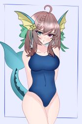 1girls arms_behind_back female_only grey_hair heterochromia latam_virtual_youtuber looking_at_viewer meica one-piece_swimsuit short_hair simple_background swimsuit vaporeon vaporeon_(cosplay) vaporeon_tail virtual_youtuber vtuber vtuberfanart