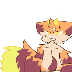 annoyed_expression anthro collarbone ears_down fashui_(kaiju_paradise) fluffy goo_creature kaiju_paradise legs_open no_balls one_eyebrow orange_fur red_fur red_penis squirrel_tail tentacle_penis white_background yellow_eyes yellow_fur yellow_horns